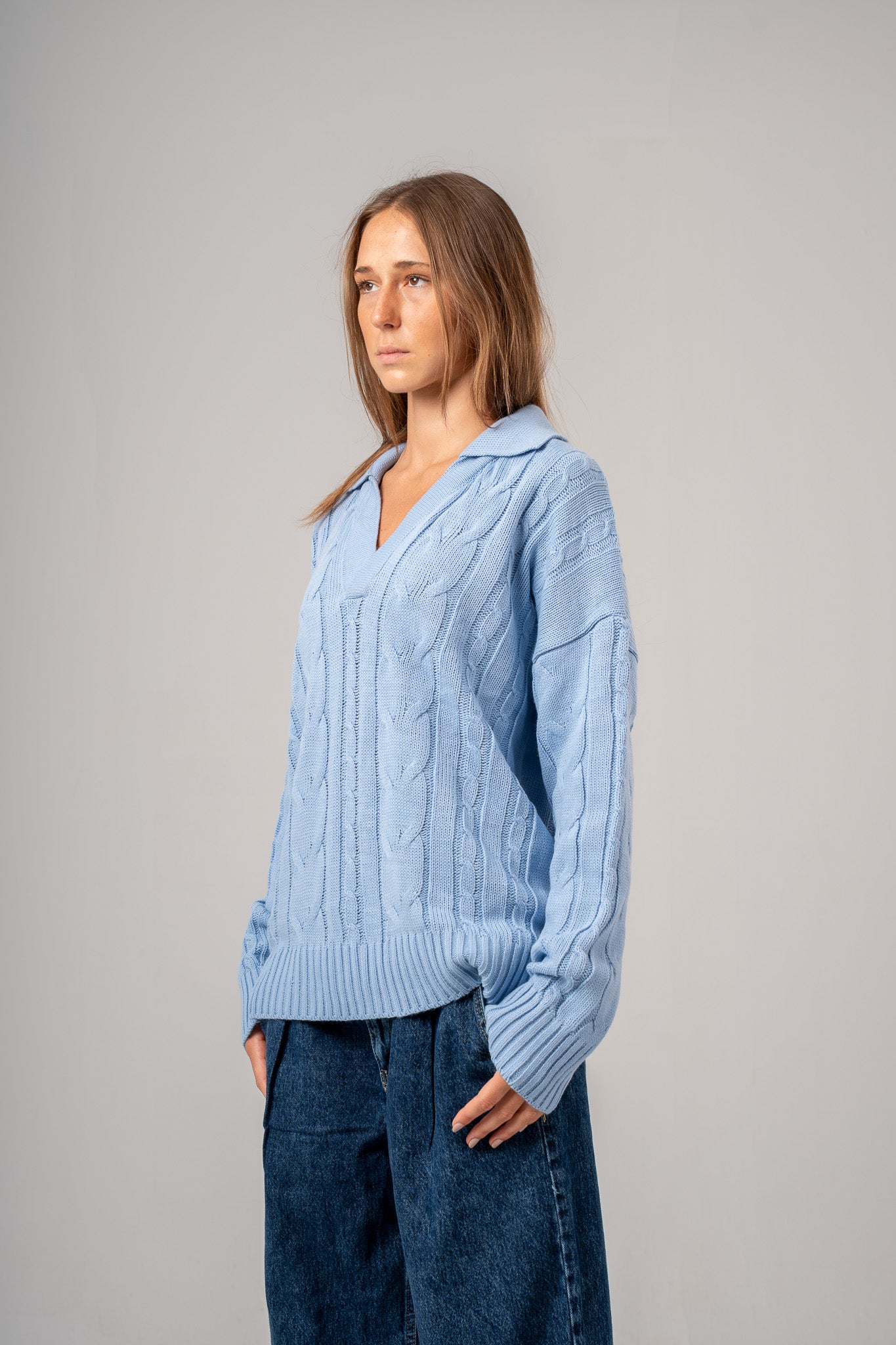 Light Blue Cable Pullover With Collar